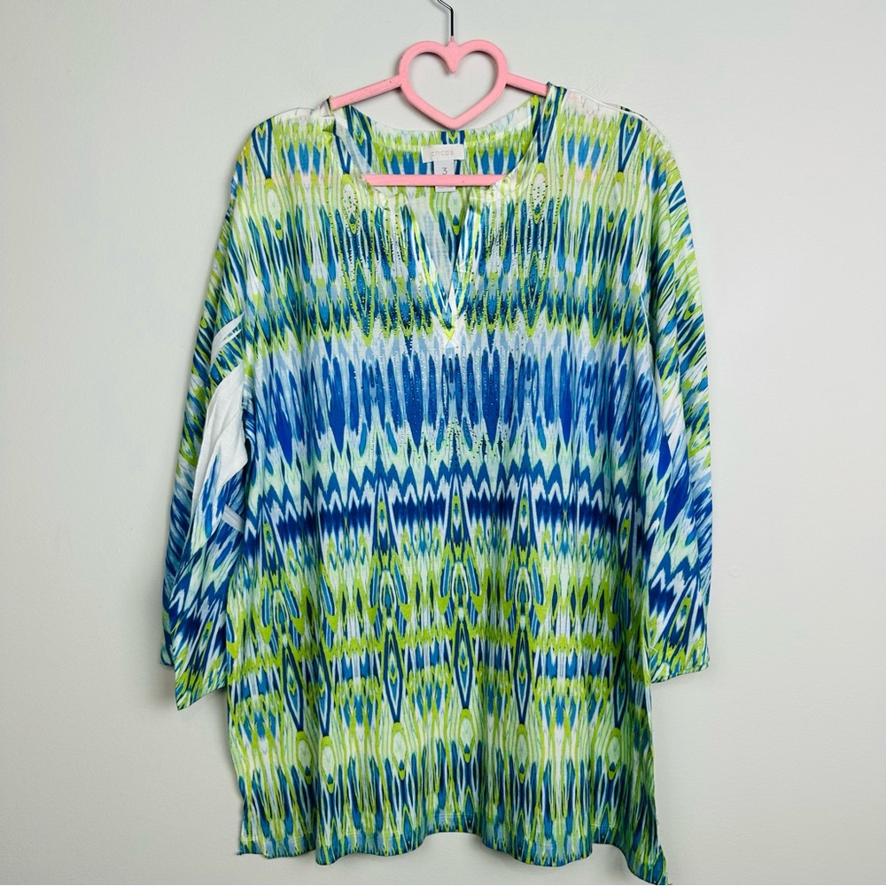 Chico's Blue and Green Patterned Blouse Size 3